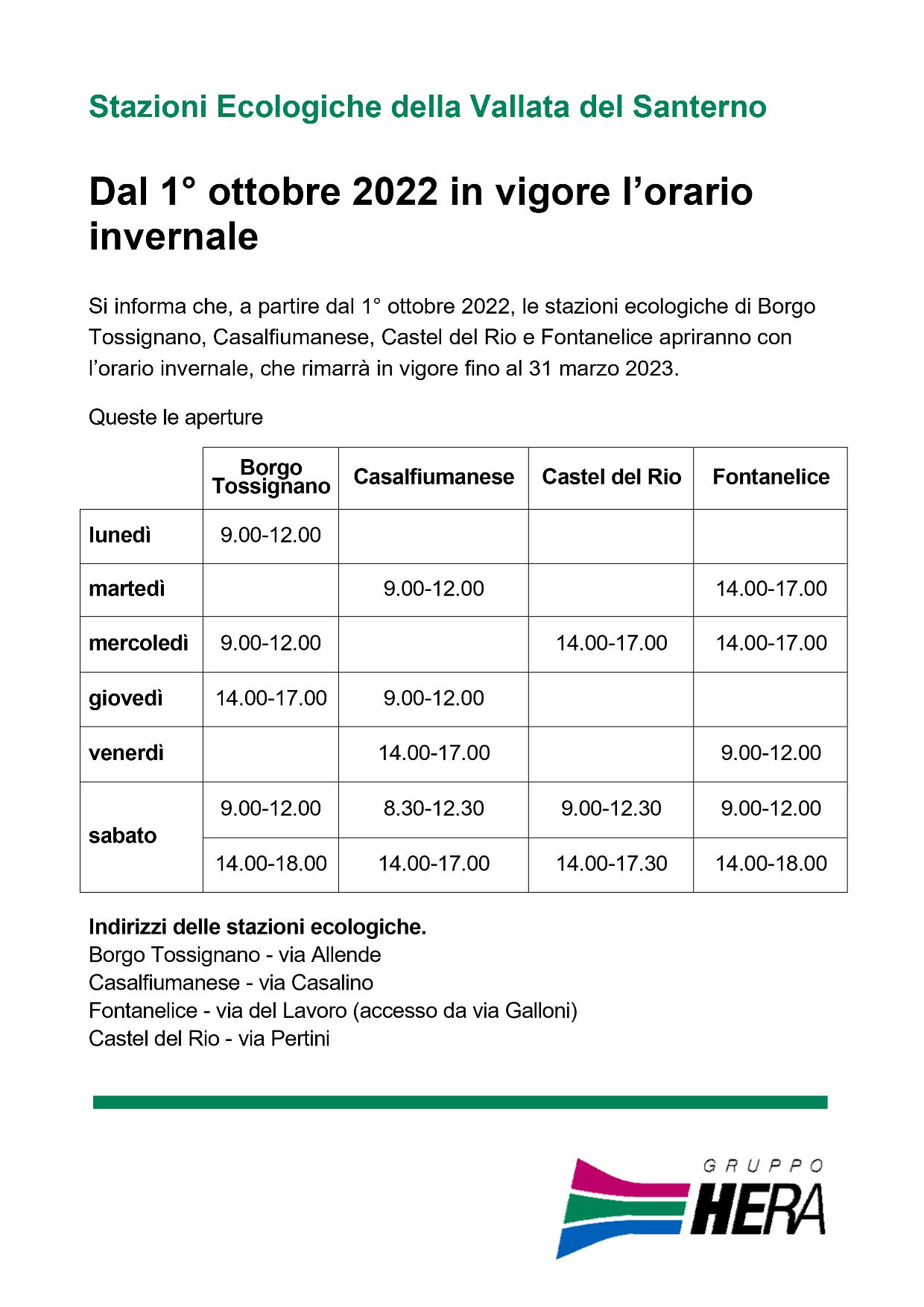 Orari invernali apertura stazione ecologica 