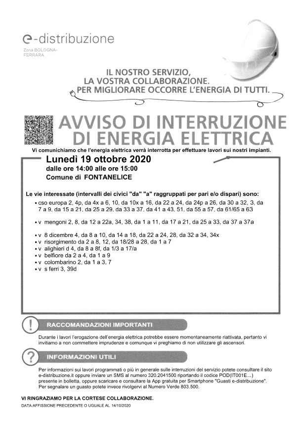 Avviso di interruzione energia elettrica