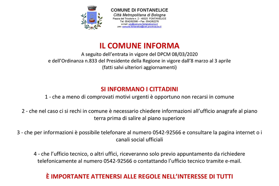 Coronavirus - Uffici Comunali aperti solo su appuntamento o per emergenza